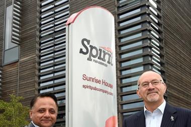 Greene King CEO Rooney Anand and former Spirit CEO Mike Tye outside Sunrise House