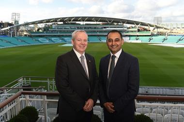 Chris Houlton (L) and Sanjay Patel (R) at the Kia Oval to announce the new partnership between Greene King and the ECB