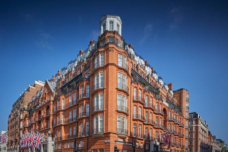 Outside premium London hotel Claridge's on a sunny day